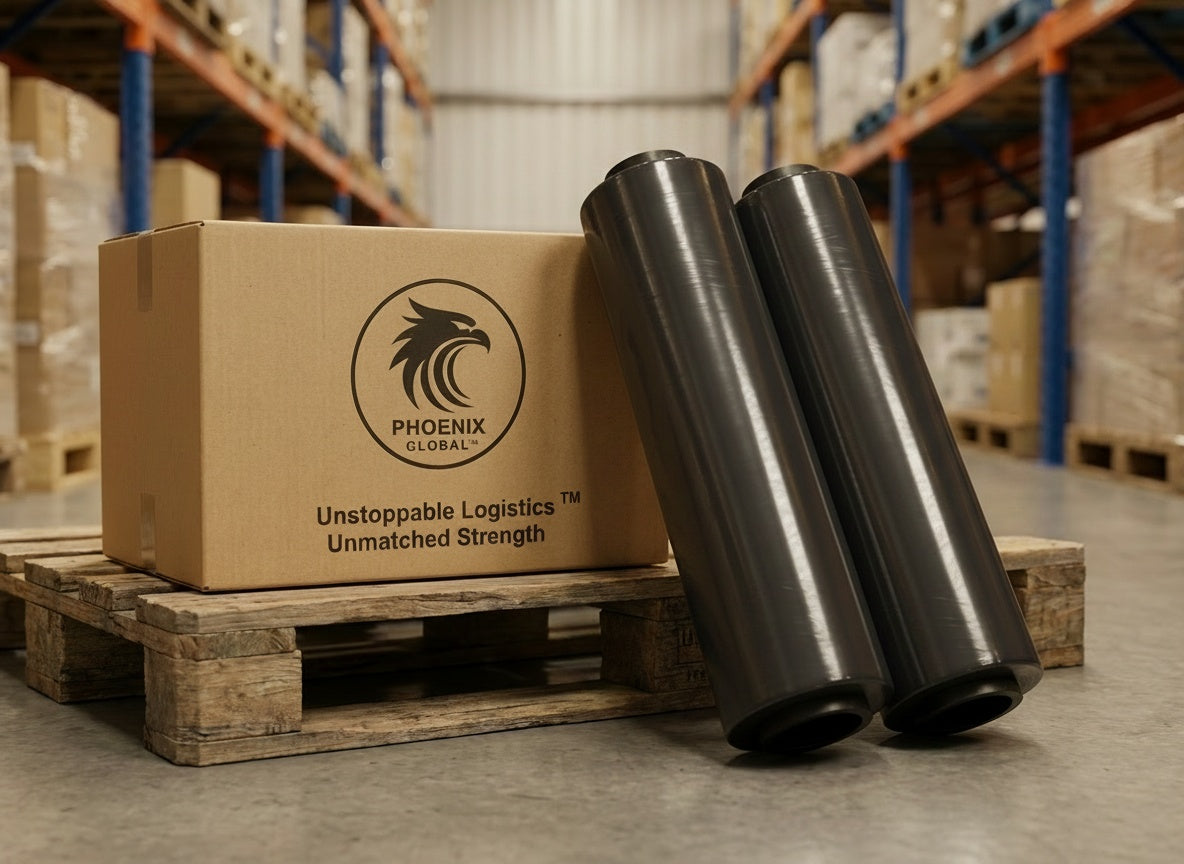 Black industrial stretch film roll on a warehouse pallet