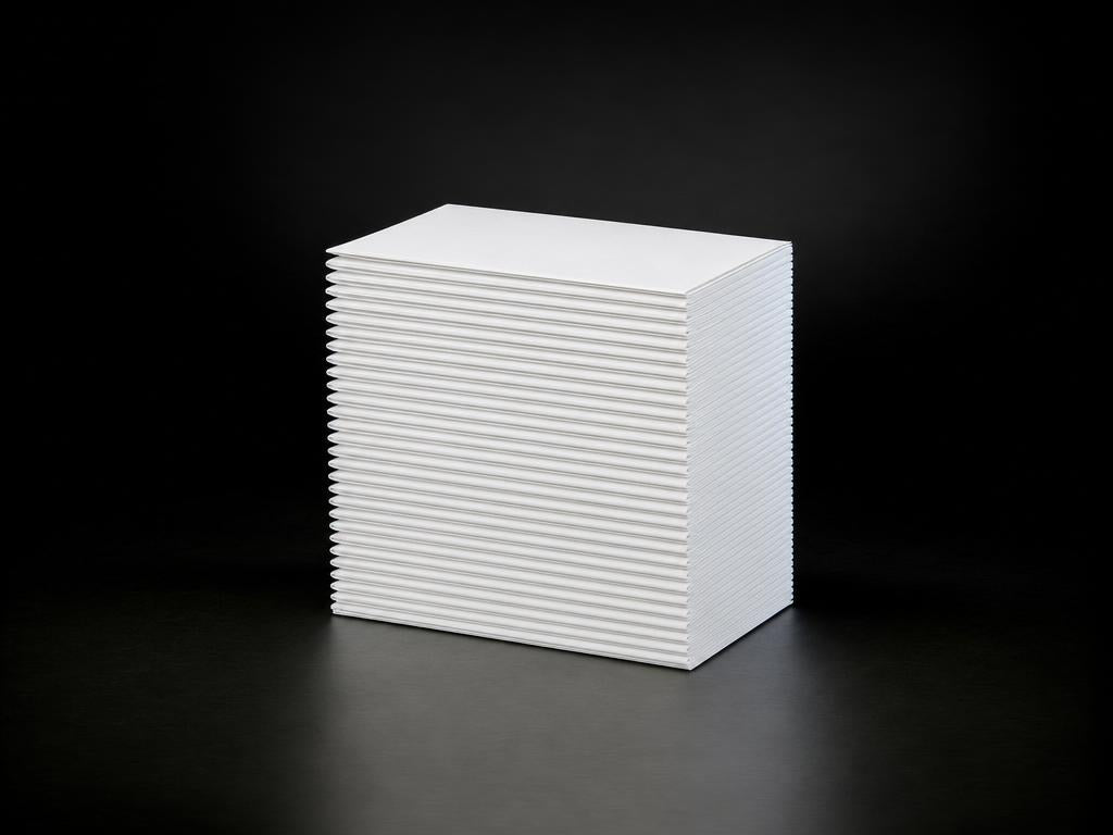 Fanfold stack of 4 by 6 inch direct thermal labels, dark studio backdrop