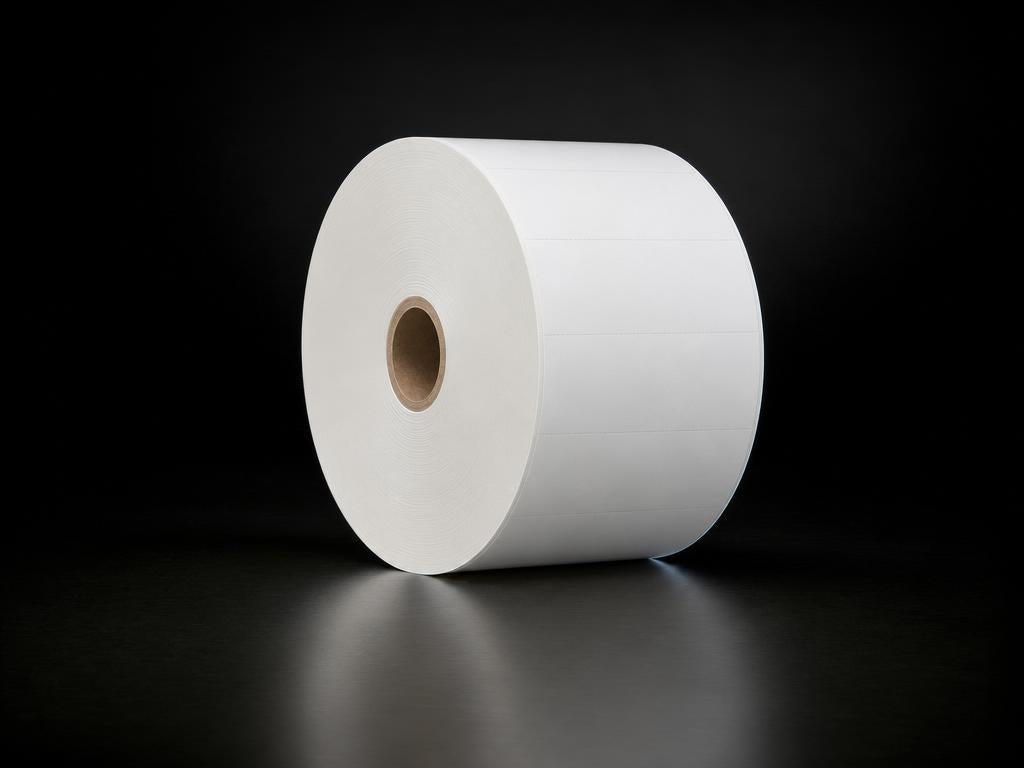 4 by 6 inch direct thermal label roll on a kraft cardboard core, dark studio backdrop