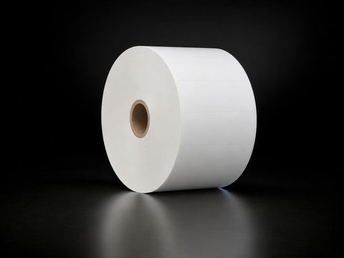 4 by 6 inch cold-chain direct thermal label roll, dark studio backdrop