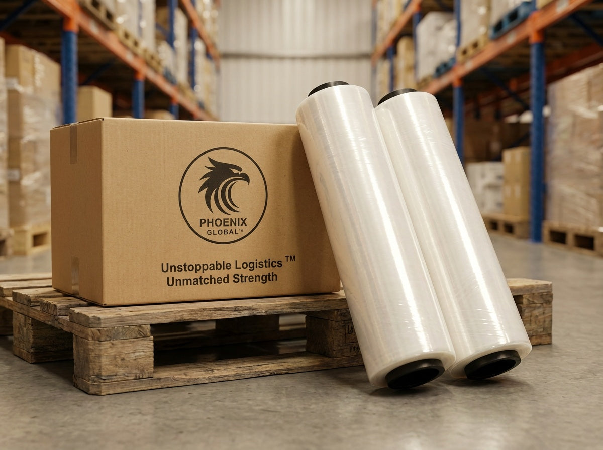 Phoenix Global branded shipping box on a wood pallet beside two large clear industrial stretch film rolls in a warehouse
